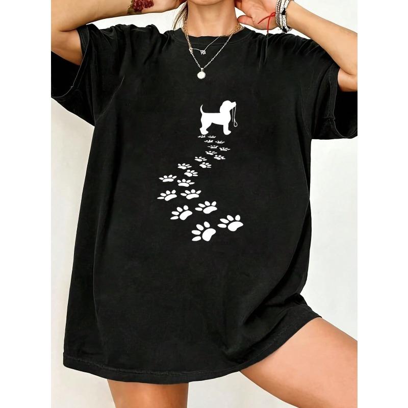 Oversized T Shirt Black Dog Paw Print Design Casual Wear For Women And Girls Summer Outfit Streetwear Fashion Trendy Graphic Tee