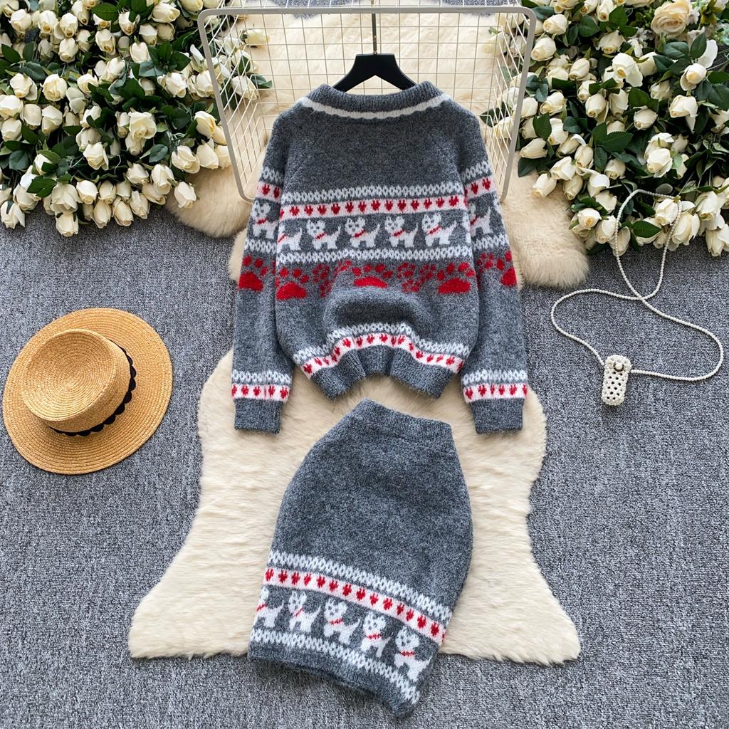 Autumn Winter Women Casual Print Knitted Twist Sweater Two Piece Set Single Breasted Cardigan Jacket and Mini Bodycon Skirt Christmas Outfit