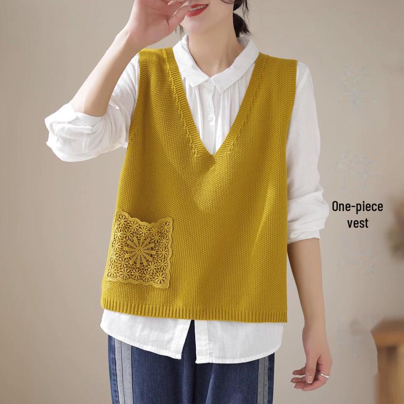 «Весна 2024 г., женский трикотажный жилет без рукавов с кружевной отделкой – однотонный повседневный топ»