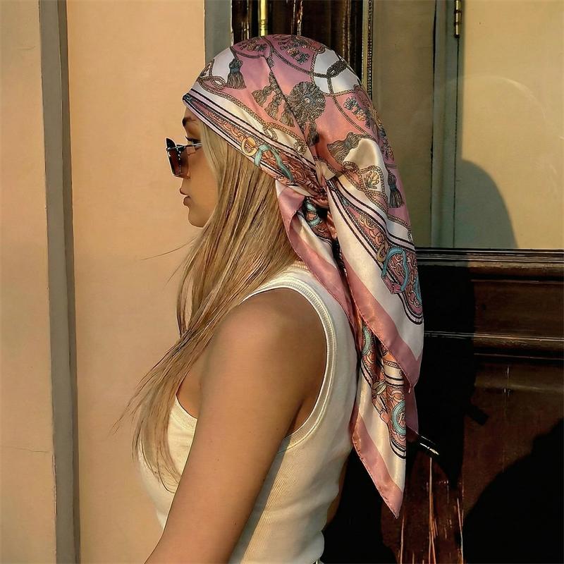 2026 Satin Square Scarf Women Paisley Hijab Elegant Print Silk Neckerchief Shawl Wraps Headband Handle Hair Accessories Bandana