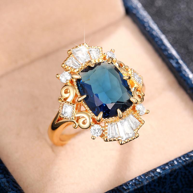 Великолепное женское кольцо с кубическим цирконием темно-синего цвета, свадебные помолвочные аксессуары, серия, золотой цвет/серебряный цвет, роскошные украшения