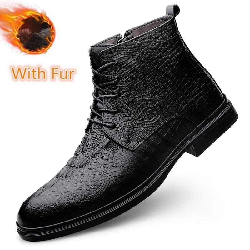 Модные высококачественные теплые ботинки с крокодиловым узором из натуральной кожи, мужские ботильоны, теплые плюшевые меховые зимние ботинки, новое поступление, деловая обувь
