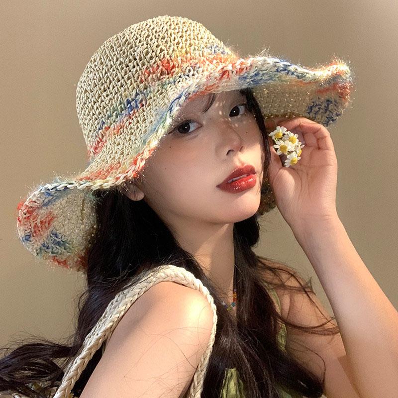 Colorful Woven Women's Summer Seaside Vacation Sun Shading Breathable Hollowed Out Large Brim Hat, Face Enhancing Small Hat