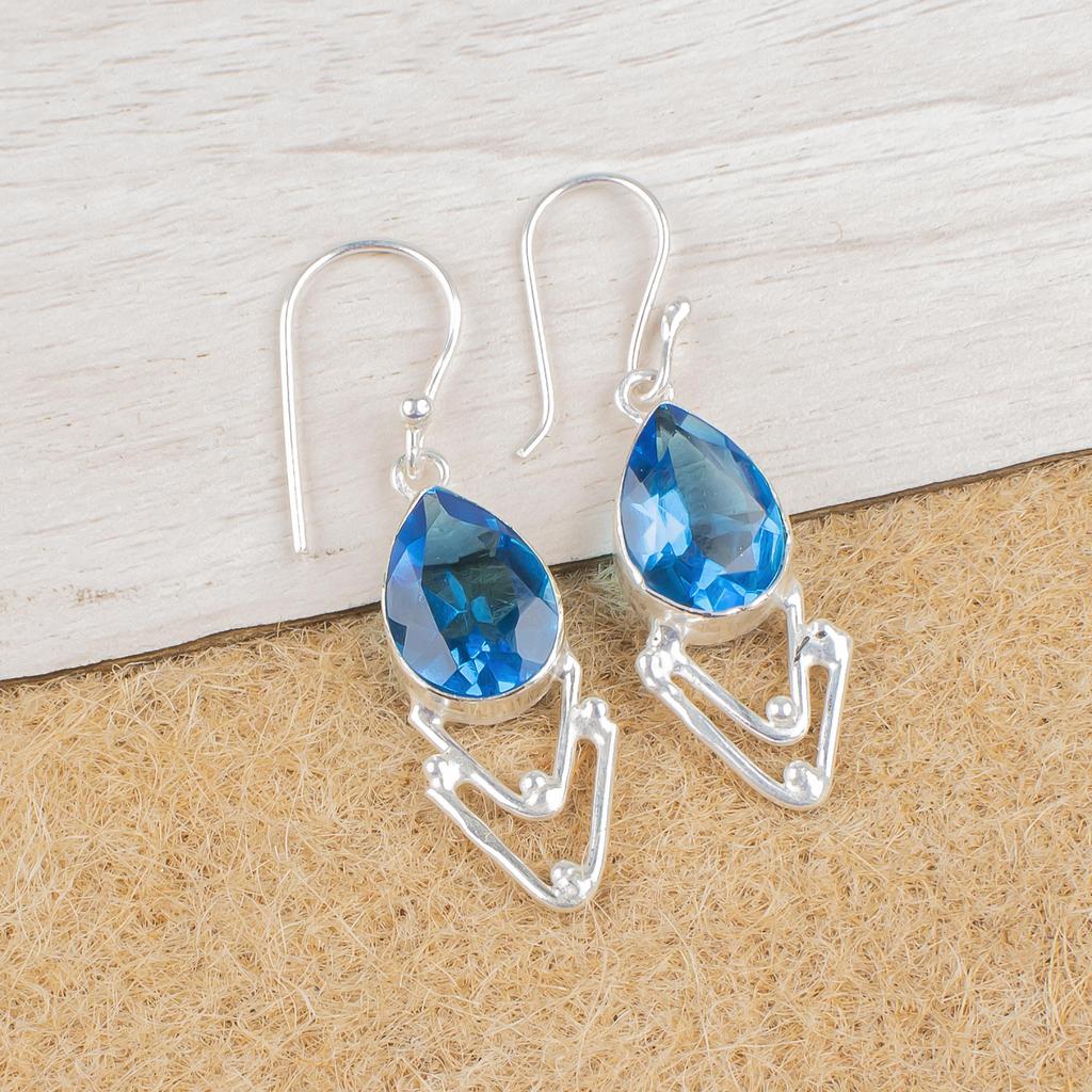 Серьги с голубым топазом Swiss Blue Topaz Gemstone Earring, 925 Solid Sterling Silver Earrings Jewelry Handmade Earrings, Silver Jewelry For Gift