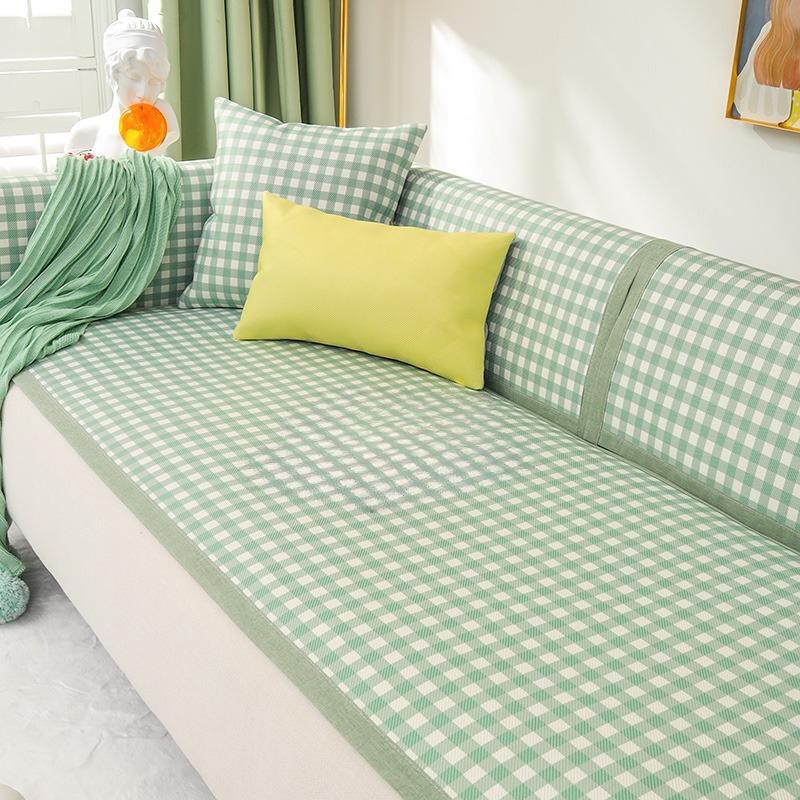 Fresh Plaid Summer Ice Silk Rattan Sofa Seat Cushion for Summer Summer Universal Non-Slip Cover Cloth