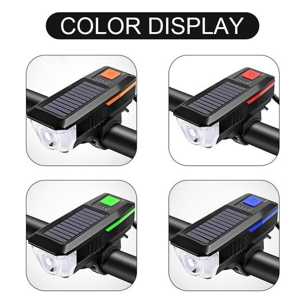 Солнечная велосипедная лампа, USB аккумуляторная, водонепроницаемая, велосипедная лампа и звуковой сигнал, 3 режима для снаряжения для ночной езды