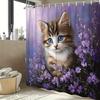 1 шт. Пушистый котенок Шторка для душа - Котенок с голубыми глазами, Мягкие пастельные цветы, Мечтательная атмосфера, Полиэстер, 12 крючков, 70,8x70,8