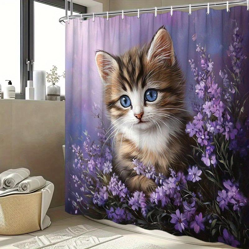 1 шт. Пушистый котенок Шторка для душа - Котенок с голубыми глазами, Мягкие пастельные цветы, Мечтательная атмосфера, Полиэстер, 12 крючков, 70,8x70,8