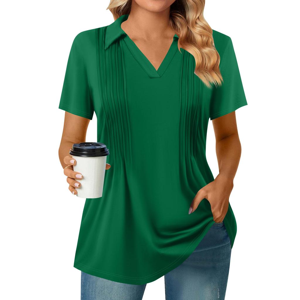 Женские футболки с коротким рукавом, плиссированные, с V-образным вырезом, однотонные, с воротником, летние топы, модные, деловые, повседневные, для работы