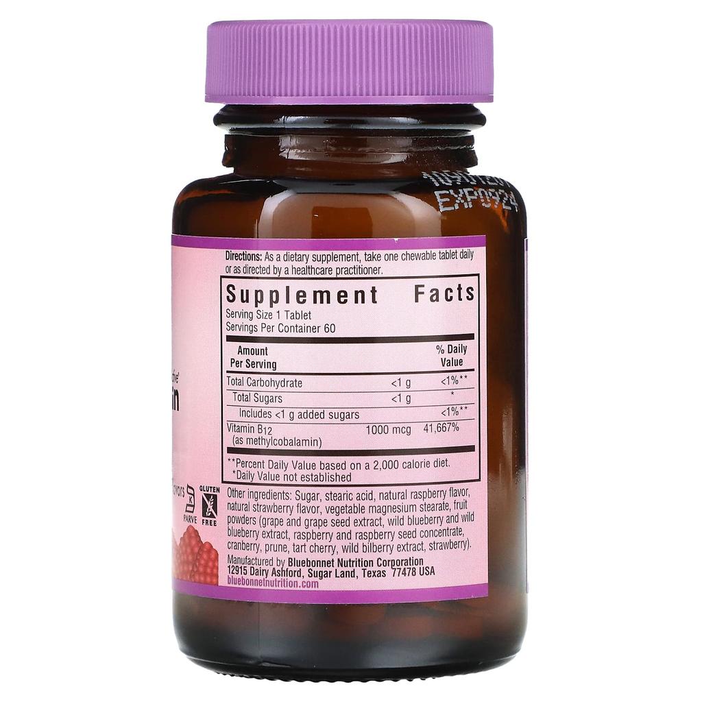 Bluebonnet Nutrition Жевательные таблетки EarthSweet, Метилкобаламин, Натуральный малиновый вкус, 1000 мкг, 60 жевательных таблеток