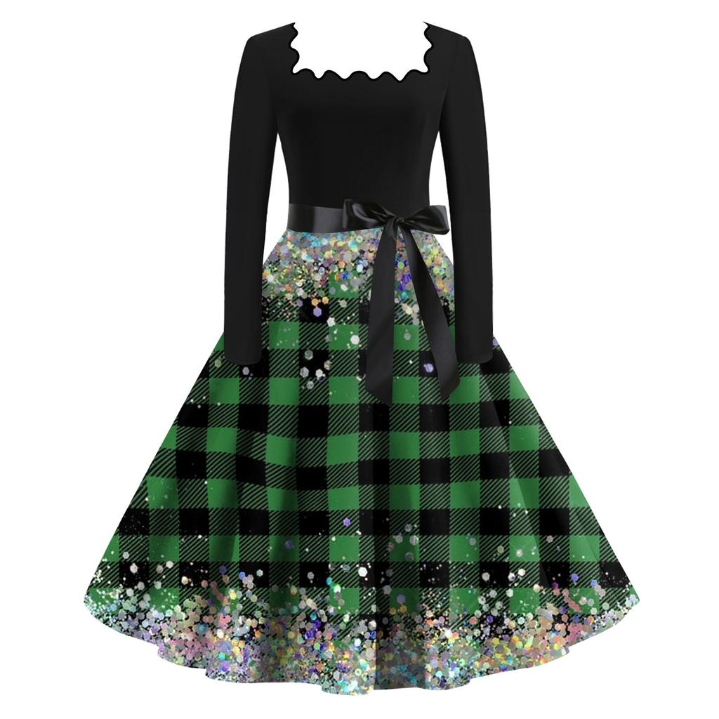 Женские повседневные модные платья с длинными рукавами и рождественским принтом с квадратным вырезом в винтажном стиле