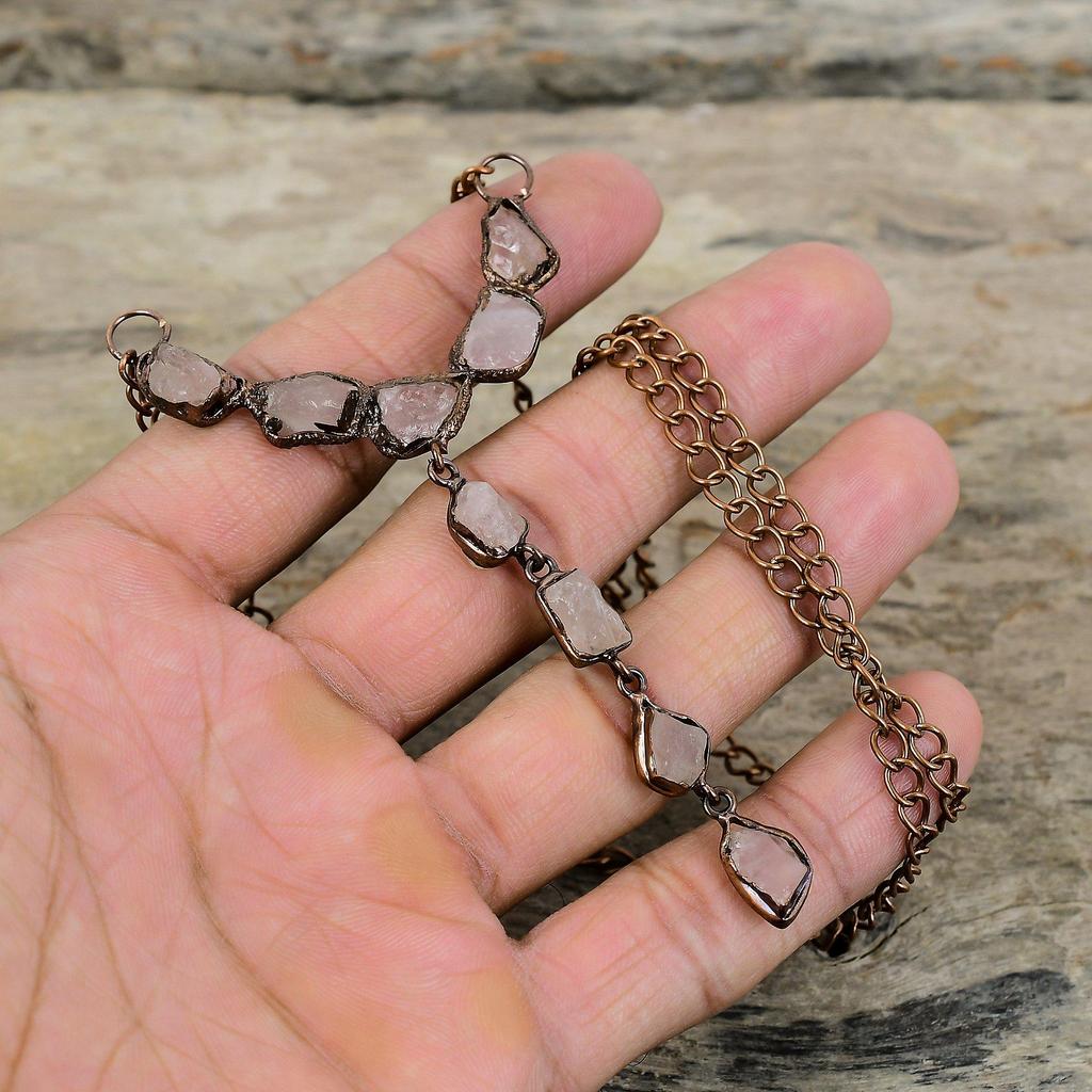 Грубое ожерелье из розового кварца, медное ожерелье, изготовленное гальваническим методом, регулируемое ожерелье-цепочка, ювелирные изделия ручной работы, ожерелье из драгоценных камней, изготовленное гальваническим методом для подарка