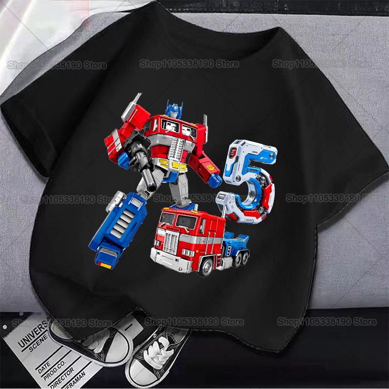 Optimus Prime Children Birthday Number T Shirt Transformers Clothes Party Cartoon Print Boys TShirt Short Sleeve Tops Tee Gift