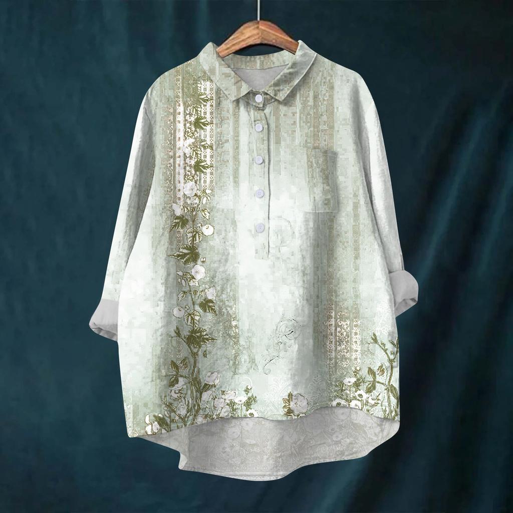 Women's Shirt Blouse Long-sleeved With Buttons Print Casual Hem Irregular Shirt Collar Top