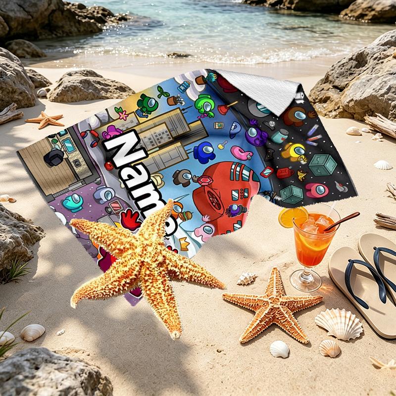 Custom Name Personalized Among Us Print Beach Towel, for Trip Camping Beach Party Home Decor, Birthday Gift for Family & Friends
