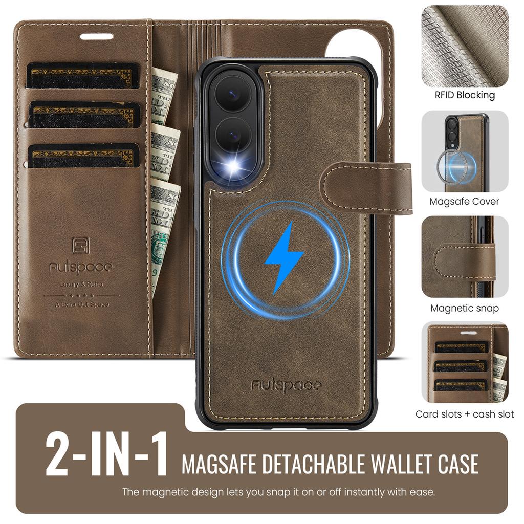 2-in-1 Magnetic Detachable Wallet Case for Samsung Galaxy S25/S25 Plus/S25 Ultra/S25 Edge - PU Leather, Card Slots, Wireless Charging, 360° Protection