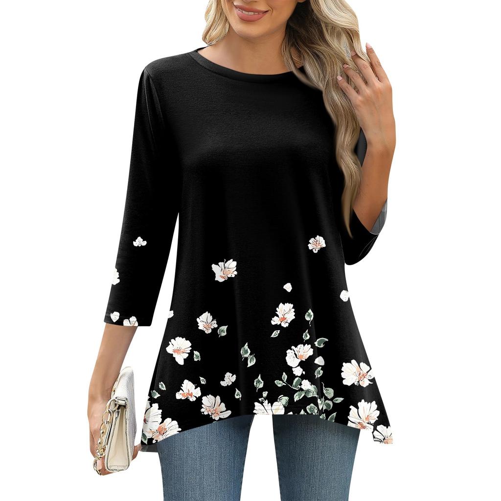 3/4 рукав туника топы для женщин принтованный повседневный выходной свободный крой модная базовая футболка с круглым вырезом