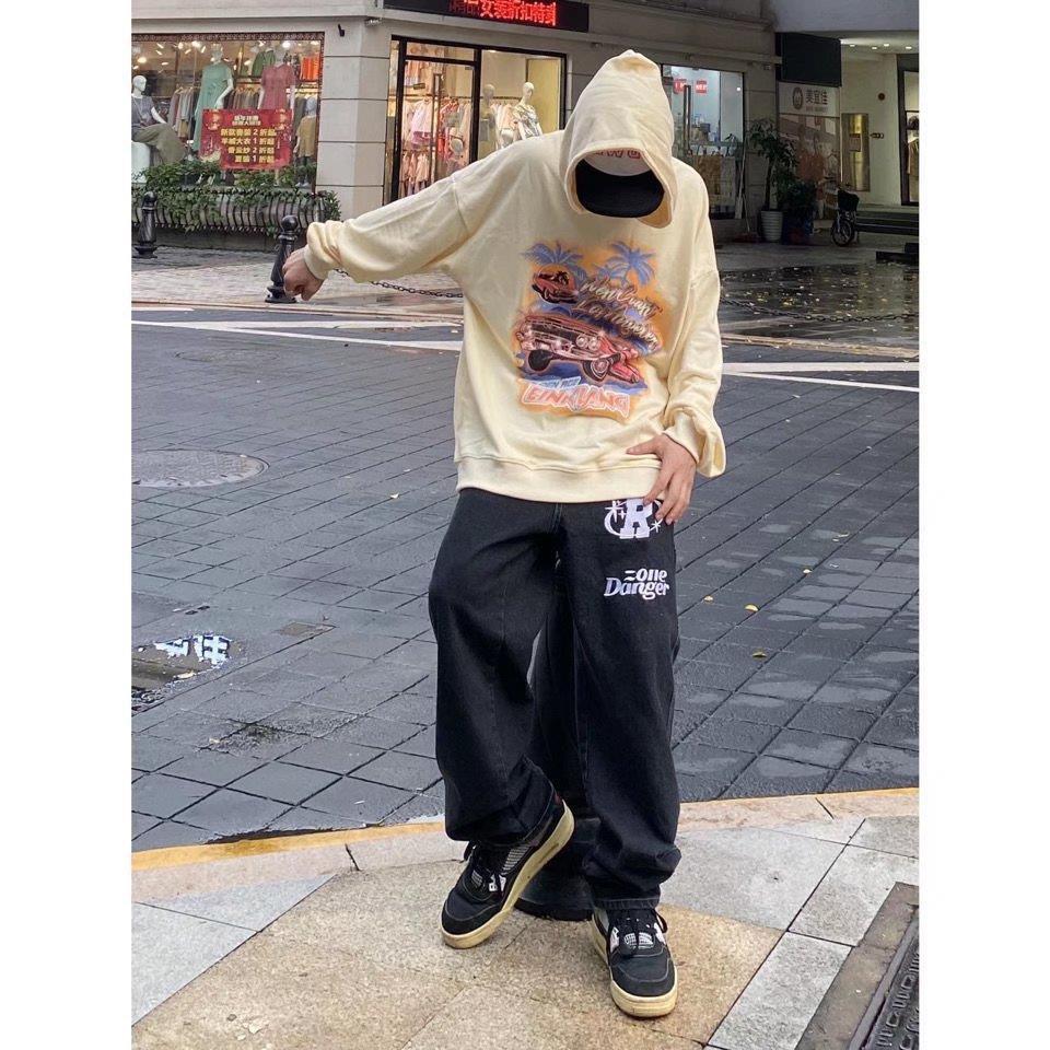 Y2K Women Korean Fashion Streetwear Casual Letter Print Straight Wide Leg Pants Baggy Denim Trousers Men Low Rise Jeans Clothes