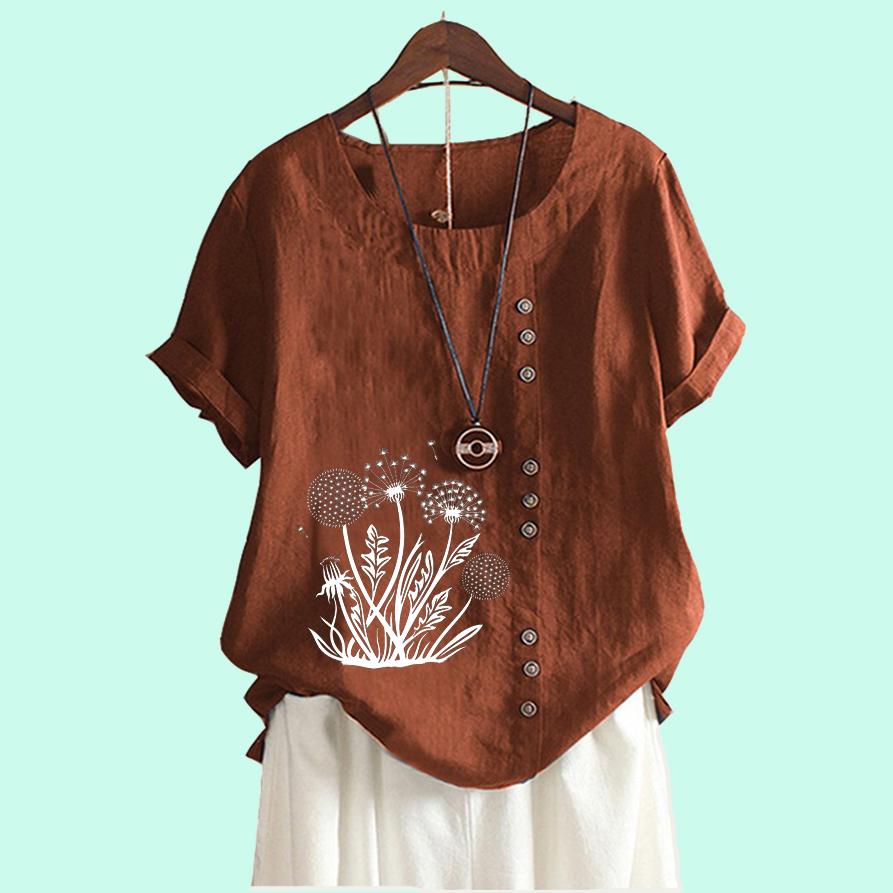 Women Casual Short Sleeve Blouse Laides Cotton Linen Top Fashion Floral Print Loose T-shirt