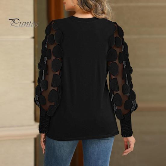 Женские топы с круглым вырезом, сетчатые, с ажурными буфами, с длинными рукавами, однотонные, универсальные, стильные, блузки