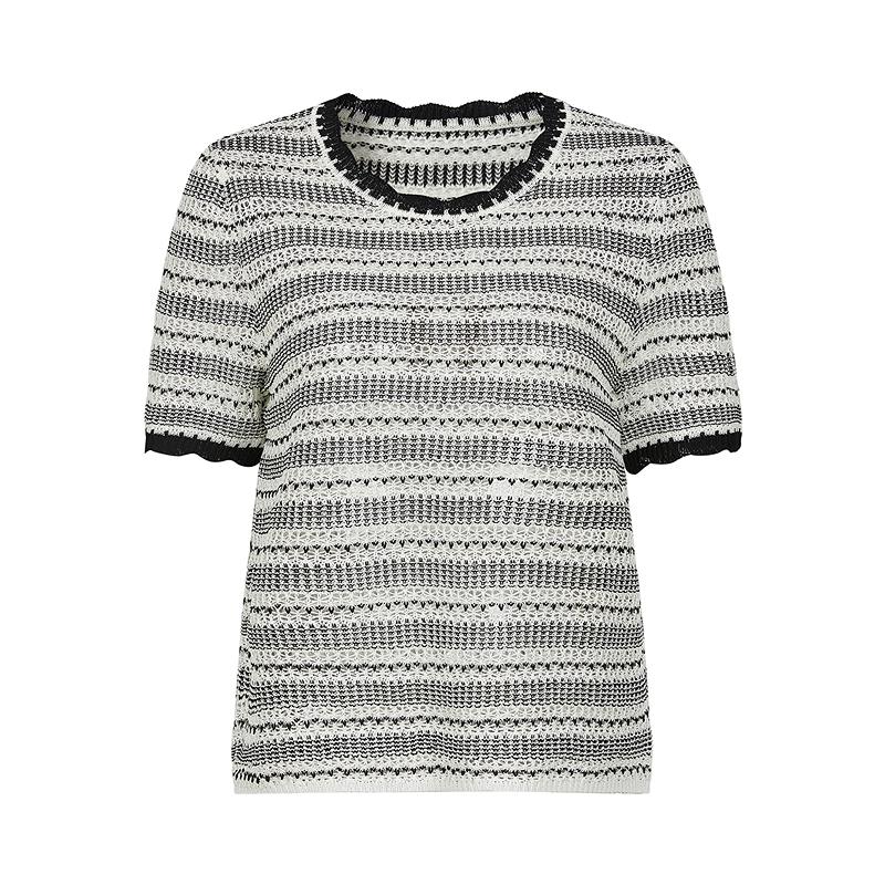 Fiber Wind Shirt Jiuzi Anna Kou Fragrant Wind Color Contrast Hollow Stripe Knitted Shirt