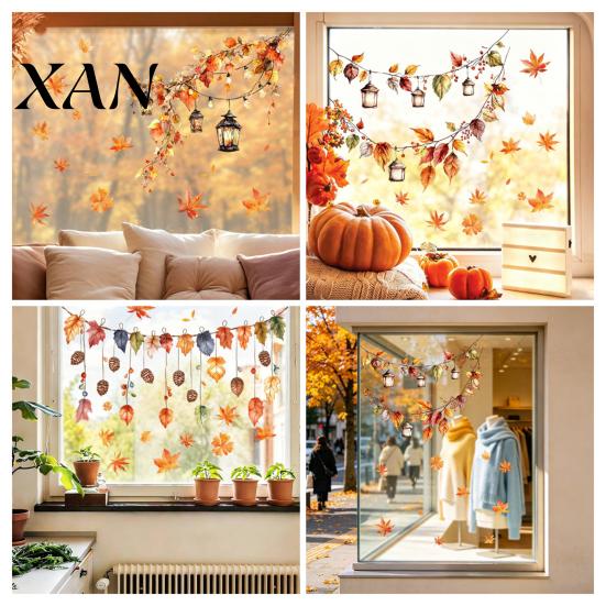 Easy Install Window Decals Autumn Maple Leaf Pinecone Scarecrow Pumpkin Static Clings, Waterproof PVC Decorative Glass Film for Home Stickers,