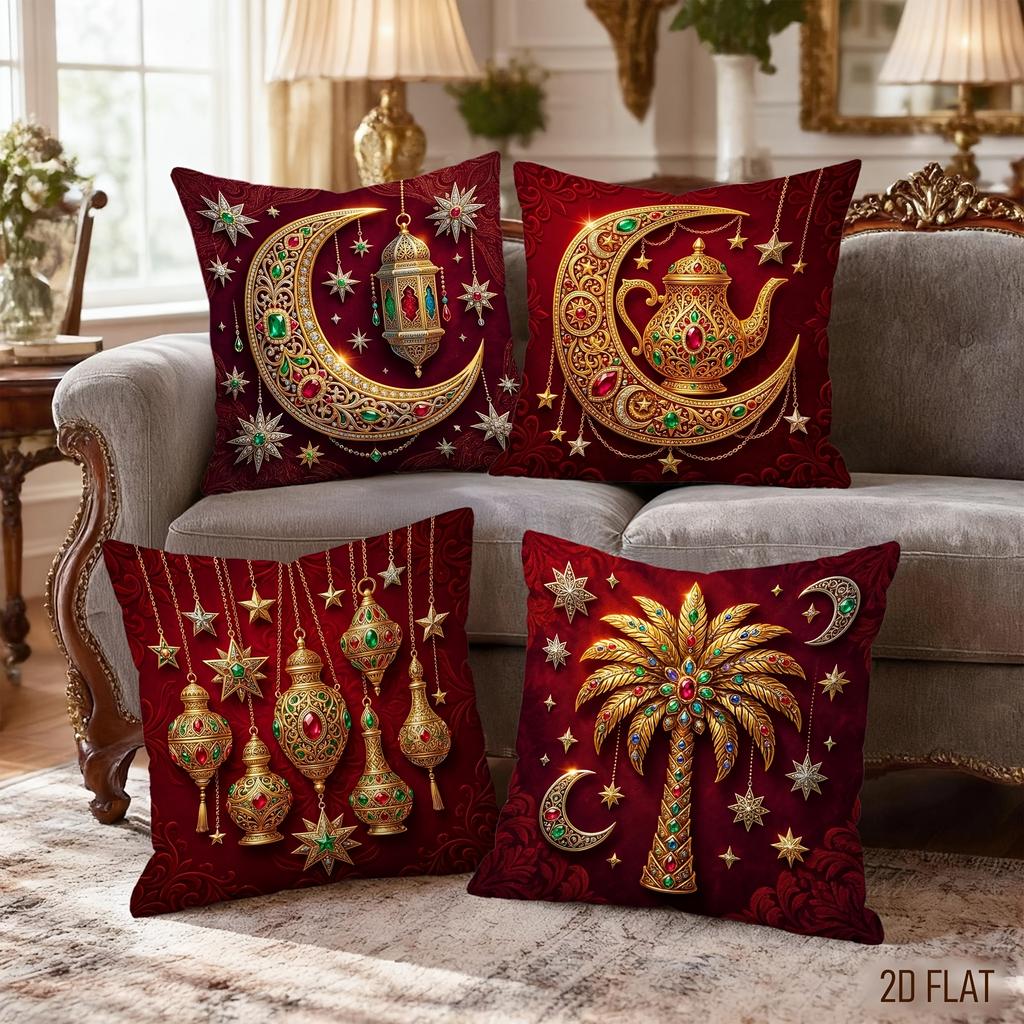 4Pcs Luxury Ramadan Cushion Cover Red Gold Moon Lantern Star Printed Pillow Case Polyester Home Decor Sofa Living Room 2D Flat
