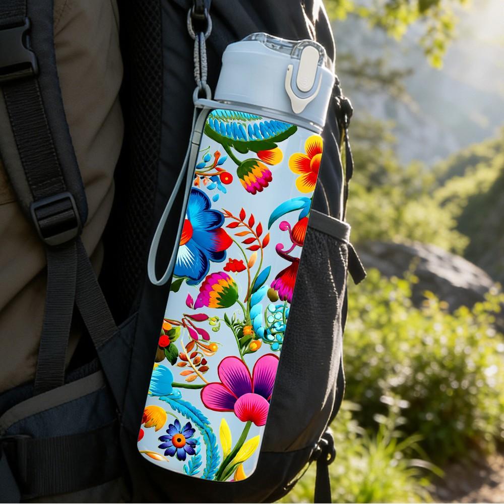 1PC Bright Multicolor Floral Pattern 750ml Color Plastic Sports Water Bottle Leakproof Flip Straw Lid Suitable for Sports Office Home Use