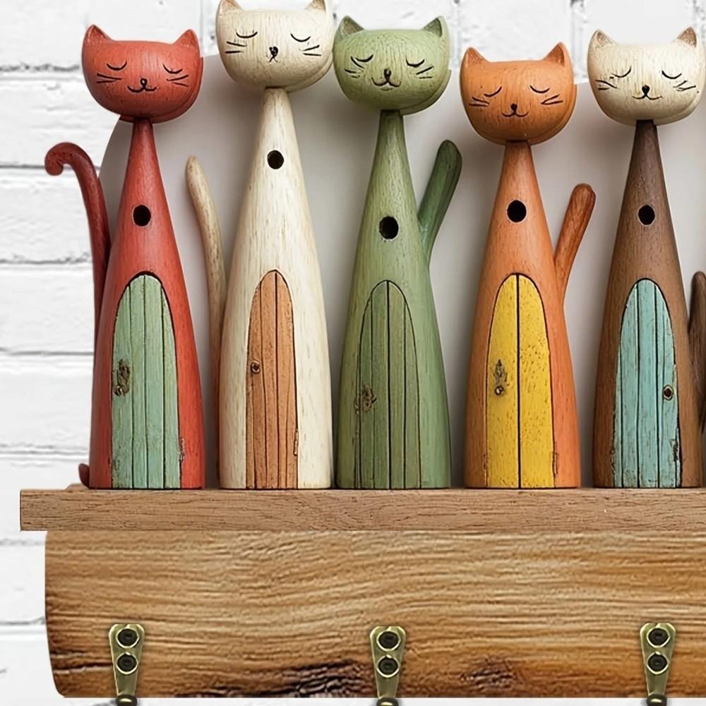 Colorful Cat Pattern Key Hanger Wooden Keychain Holder Useful Wall Key Holder  Porch Decoration