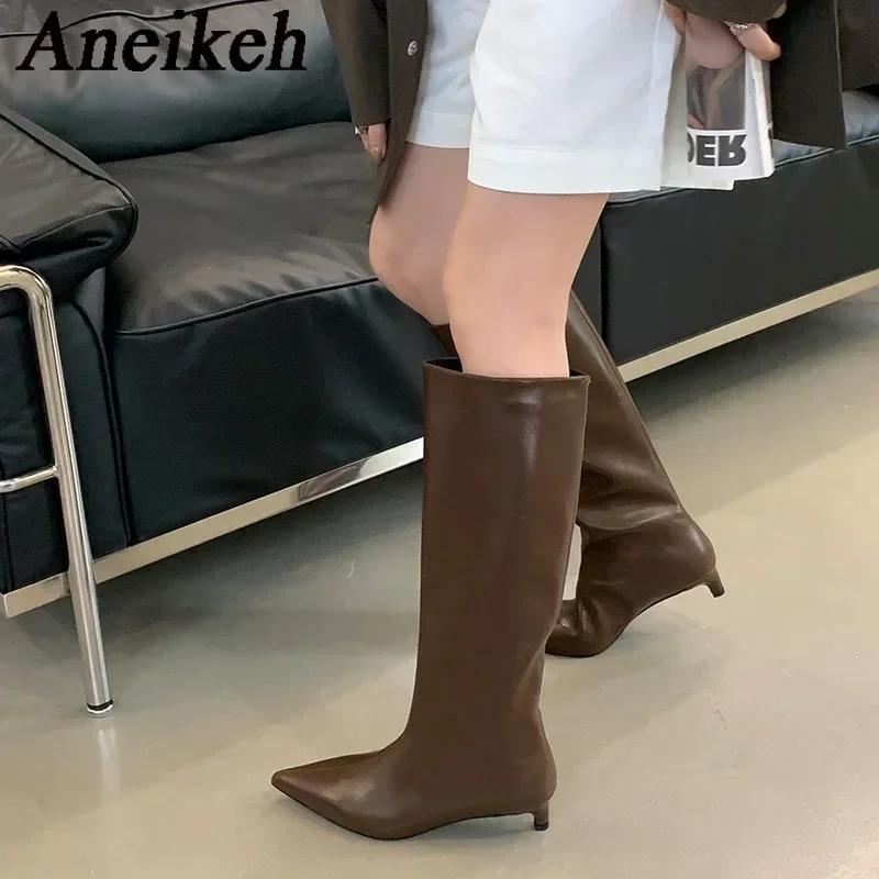 Aneikeh Новые Коричневые2026 Модные Роскошные Остроносые Женские Длинные До Колена Женские Современные Сапоги Женская Обувь Каблуки-рюмочки Вестерн Сапоги