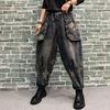 Fashion Ladies Printed Floral Jeans Women Vintage Blue Denim Pants Female Street Style Oversized Bloomers Pantalons