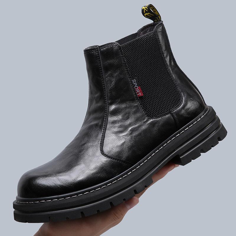 Men Autumn Winter Motorcycle Boots Trend Leather Plus Fleece Warm Work Retro Platform Chelsea Shoes Comfortable Durable