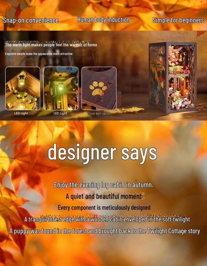 Twilight Cabin Bookends: DIY Wooden 3D Puzzle House Model, Handmade Building Blocks, Assembled Toy Gift.