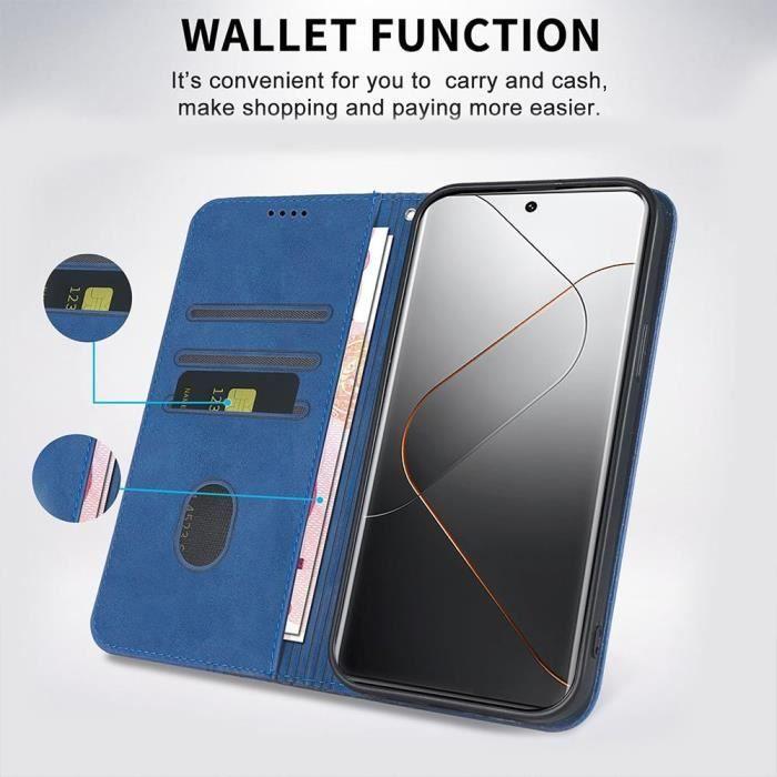 Coque et Verres Trempés pour Xiaomi 14 Pro - Cuir PU Bleu Marine - Motif Mosaïque - Fermeture Magnétique