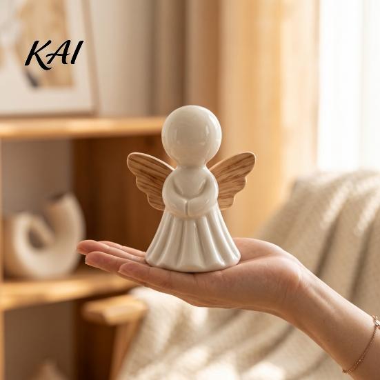 Minimalist Home Accessories Angel Figurine with Wood Texture Wings, Compact Statue, Small Figurines for Shelf Display Decorative White Sculpture