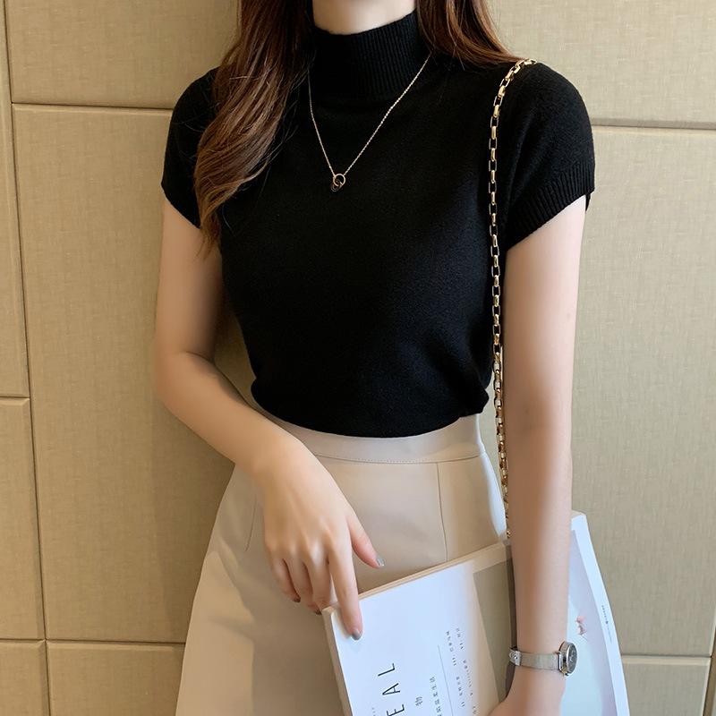 Half High Neck Bottoming Shirt Women Short Sleeve Knitwear Inside Tight Jumper Vest Short Tops