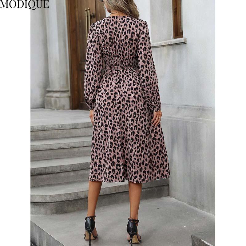 MODIQUE 2025 Лето Новое женское сексуальное леопардовое платье с эластичной талией, длинное платье, женское повседневное платье А-силуэта с длинным рукавом и V-образным вырезом