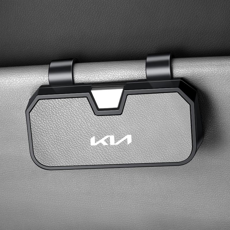 OUXU2 Car Emblem Visor Glasses Case Goatskin Sunglasses Holder Organizer Clip for Kia Sportage Sorento K5 K3 Seltos Rio Carnival Ceed