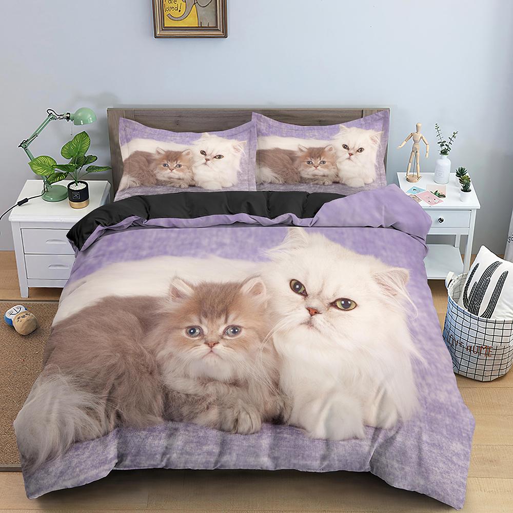 White Cat King Queen Duvet Cover Kawaii Pet Kitty Bedding Set For Kids Teens Adults Family Animal 2/3pcs Polyester Quilt Cover