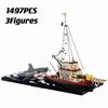 Jaws Diorama White Shark Model Building Blocks Set Pirate Ship Sea Fisher City Fishing Boat Vessel Toys for Kid Gift