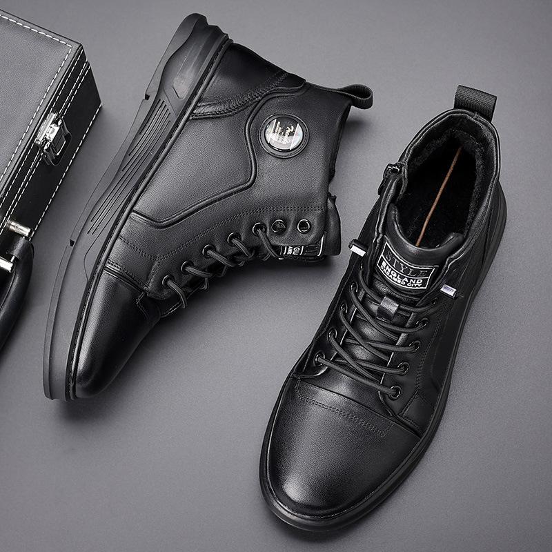 High-top Men's Shoes, Winter Men's Versatile Trend, Leather Fleece Casual Board Shoes, Men's Workwear Style Boots, Men's Black