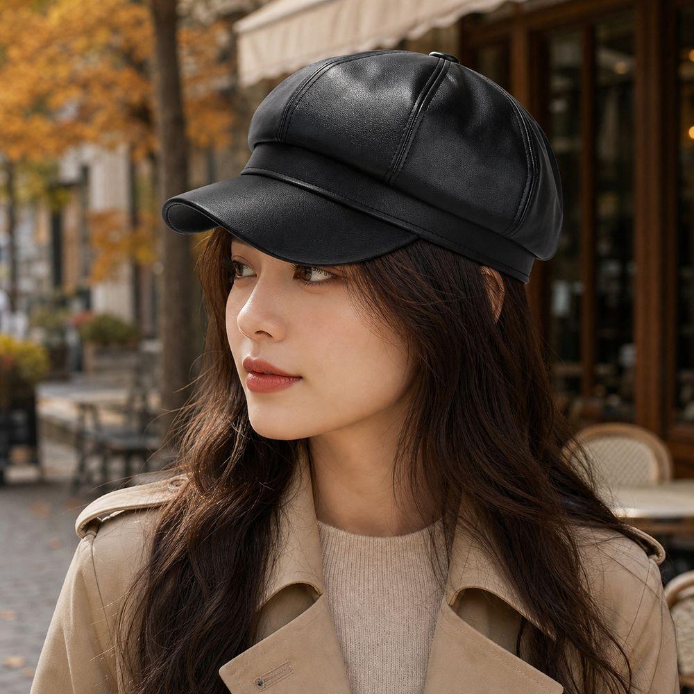Solid Color Newsboy Cap PU Leather Peaked Cap Creative Gift Retro Newsboy Hat Winter Wear