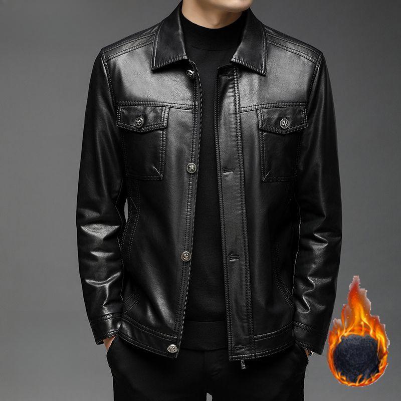 Мужское кожаное пальто плюс бархатное тонкое пальто осенне-зимняя мотоциклетная куртка с лацканами мужская повседневная куртка из натуральной кожи из овчины