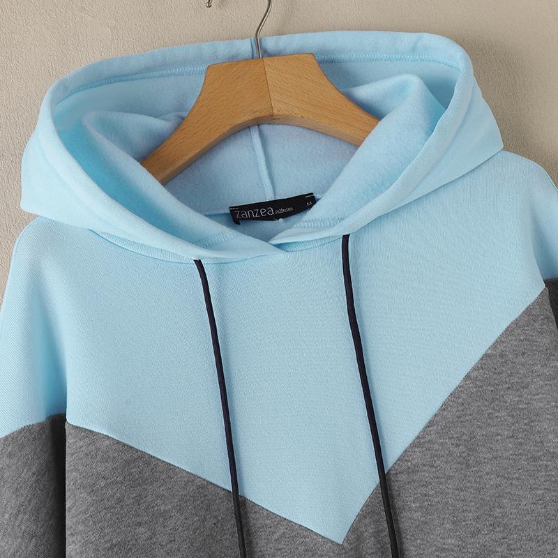 ZANZEA Женский повседневный лоскутный свитер с длинным рукавом, толстовка с капюшоном, платье-свитшот