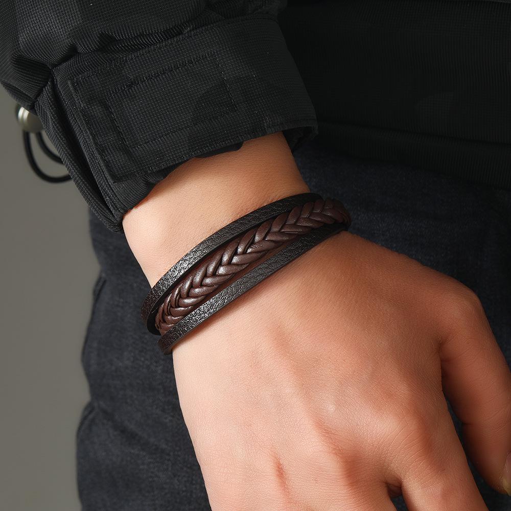 Мужской плетеный браслет из ретро-кожи и шнура с магнитной застежкой - Европейский и американский этнический стиль