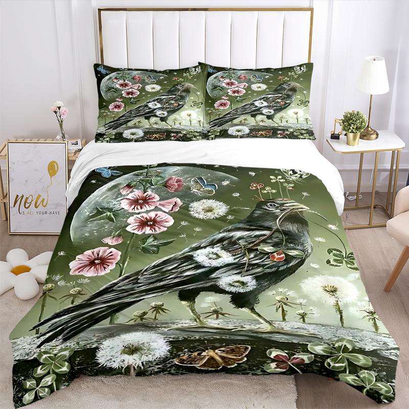 3pcs Anime Raven with Flowers and Butterflies Comforter Set - Includes One Quilt Cover and Two Pillowcases (No Core) - Home Decor, Festival Gift, Poly