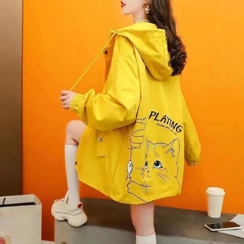 Женская повседневная куртка, весенне-осенняя куртка с капюшоном, Свободный кардиган в ленивом стиле, куртка-кардиган с милым котом для девочек