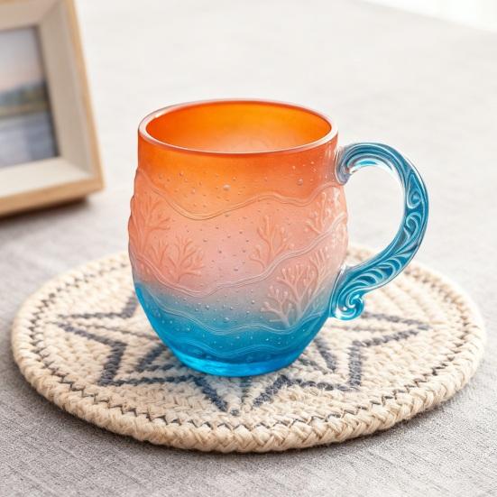 Yousheng Sea Glass Sunset Mug Thickened Glass with Wave Texture Gradient Color Water Cup Non-Slip Handle Glassware for Coffee Juice Iced Drinks