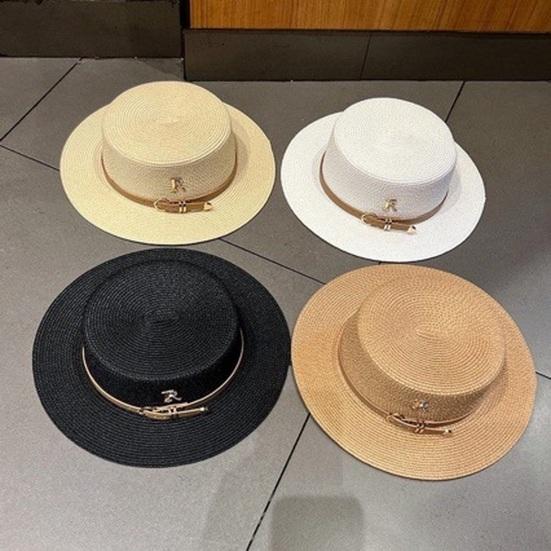 Women Sumemr Belt Letter Decor Rhinestone Flat Top Round Brim Retro English Style Solid Color Lightweight Vacation Beach Cap