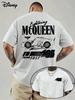 Beige Oversized Short-Sleeve T-Shirt Featuring Disney Pixar Cars Lightning McQueen 95 Race Car Sketch, "Think Fast" Slogan and Number 95 Lightning